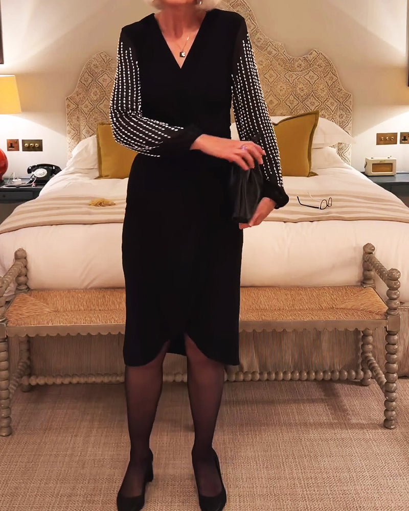 Robe Col En V Manches Longues Taille Cintrée Midi