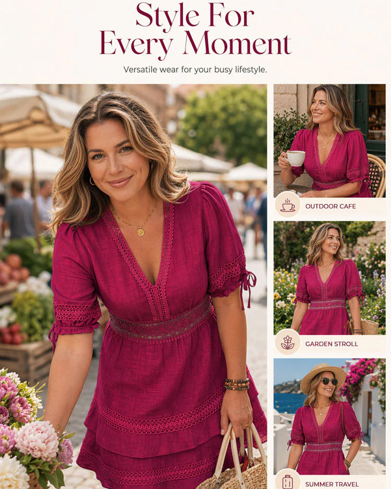 Robe Col V Superposée Unie Dentelle Patchwork