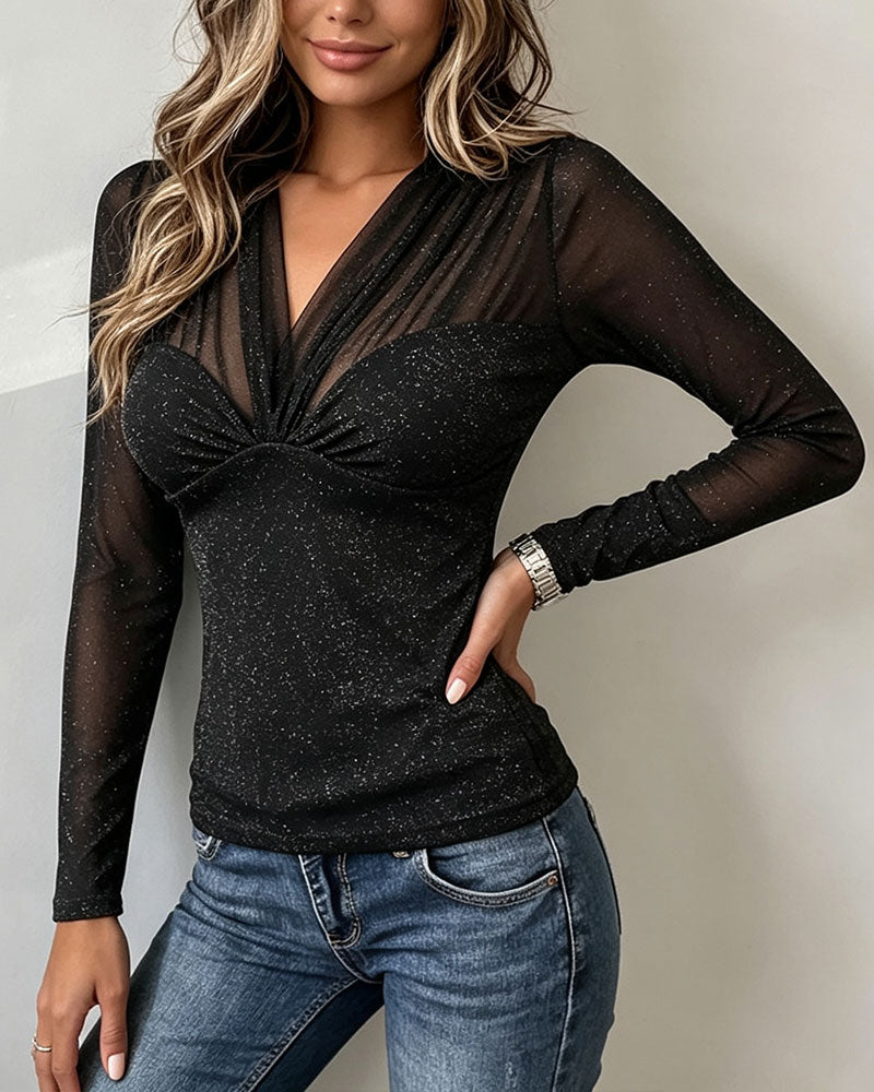 Haut Mesh Patchwork Col V Twist