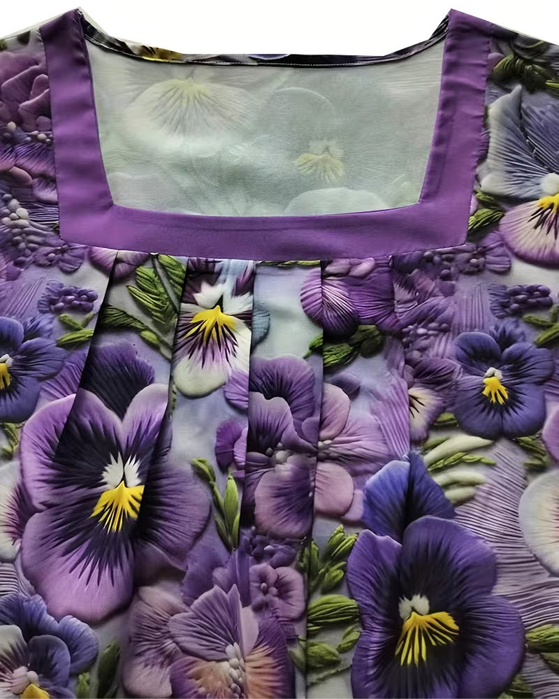 Robe Col Carré Fleuri Plissée Maxi