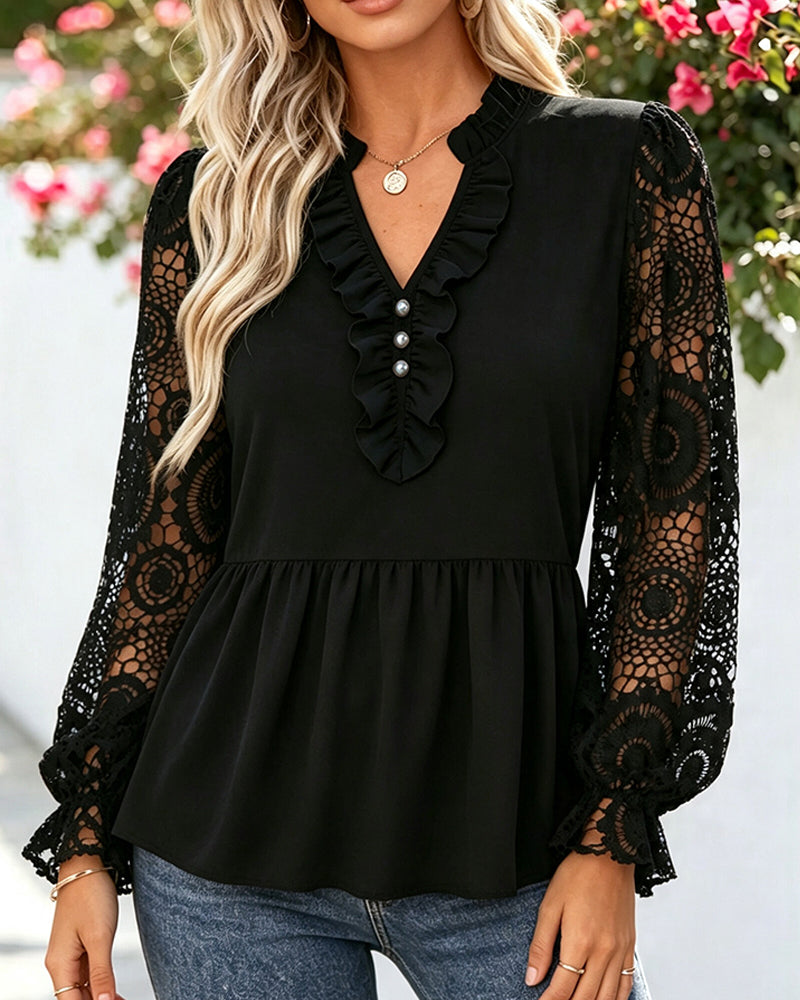 Blouse Col V Bordure Dentelle Dentelle Patchwork Forme Éventail
