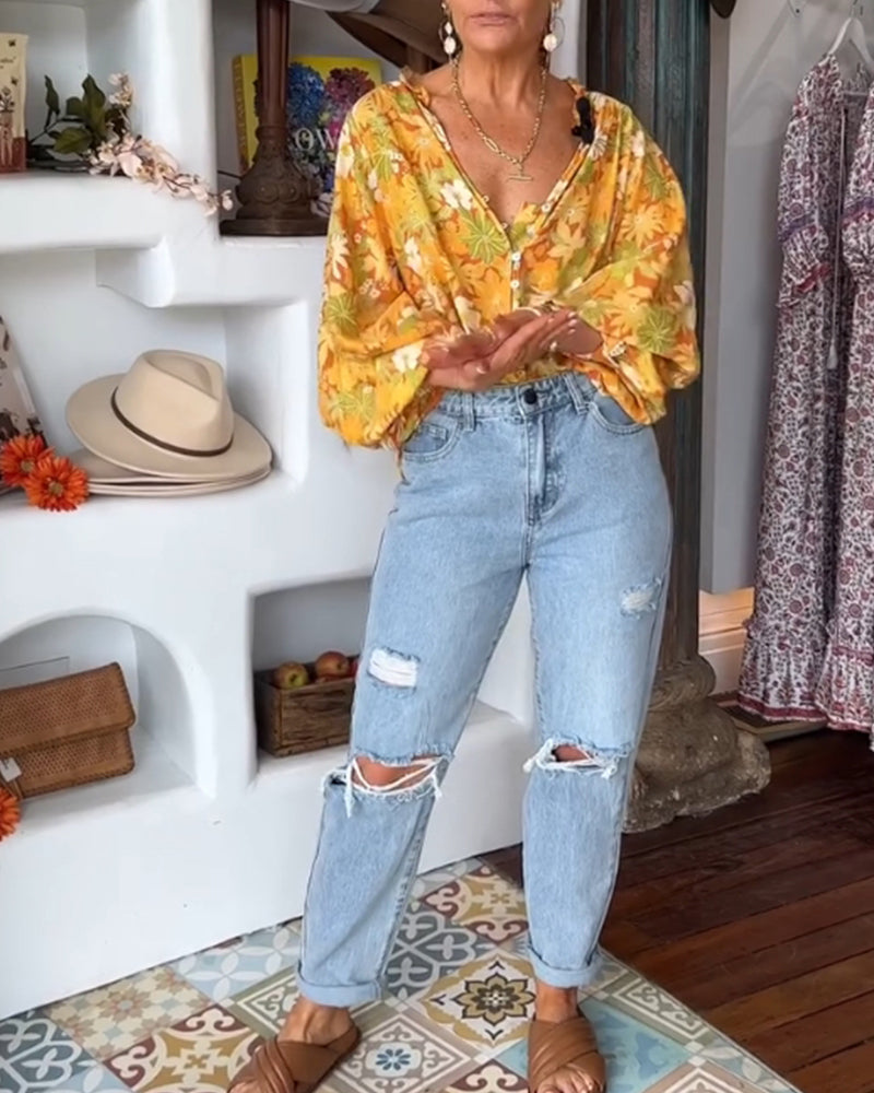 Blouse à imprimé fleuri col V