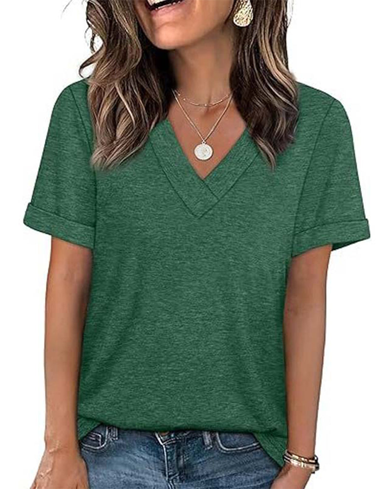 T-Shirt Unie Col En V Décontracté Manches Courtes