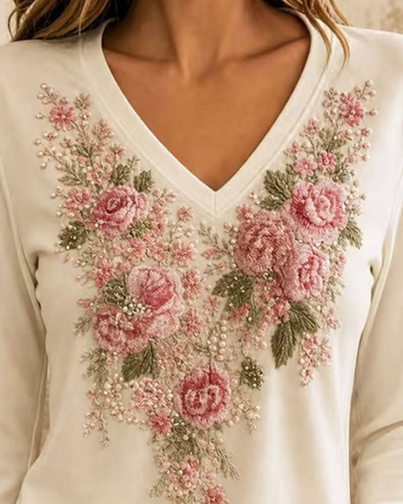 T-Shirt Manche Longue Col V Floral