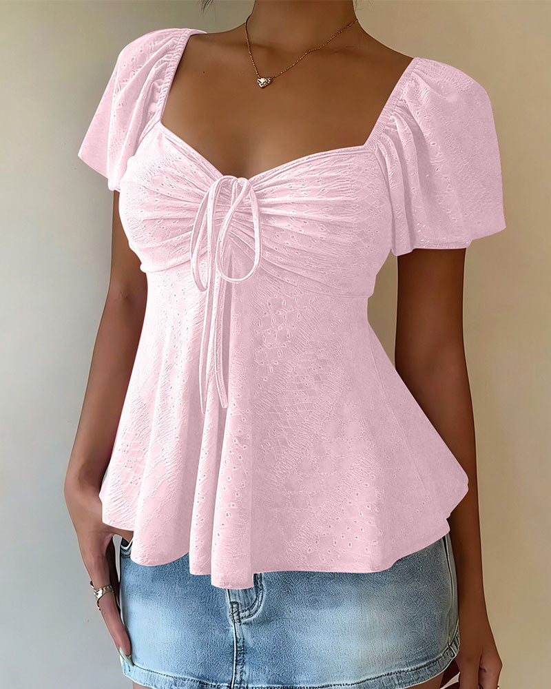 Blouse Ajourée Cordon Manches Courtes Unie