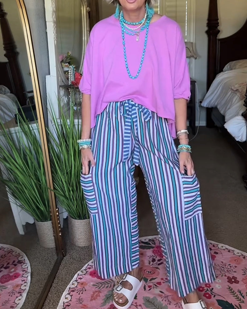 Pantalon Rayé Taille Élastique Décontracté