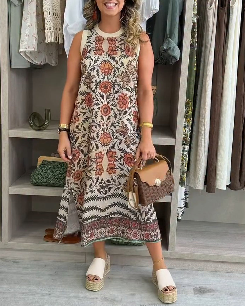Robe Rond Col Sans Manches Florale Fente