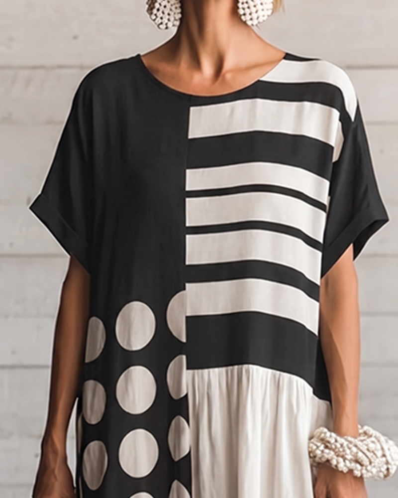 Robe Col Rond Manches Courtes À Pois Patchwork
