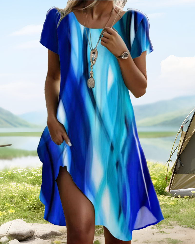 Robe Manches Bouffantes Tie-Dye Col Rond