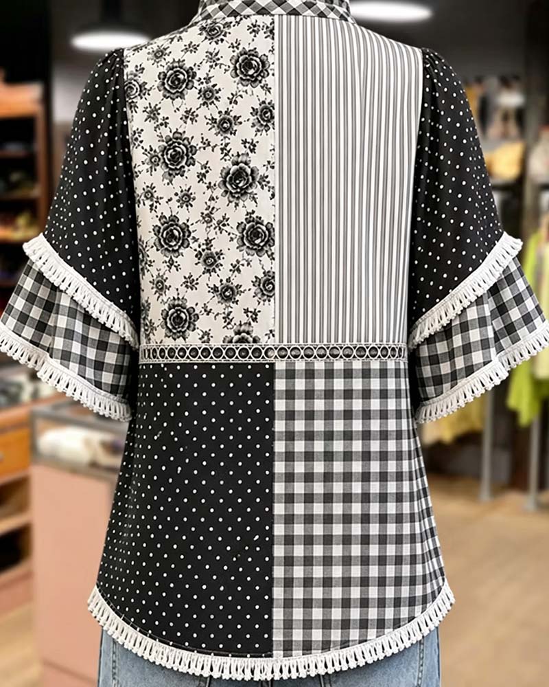 Blouse Col Mandarine Polka Dot Carreau