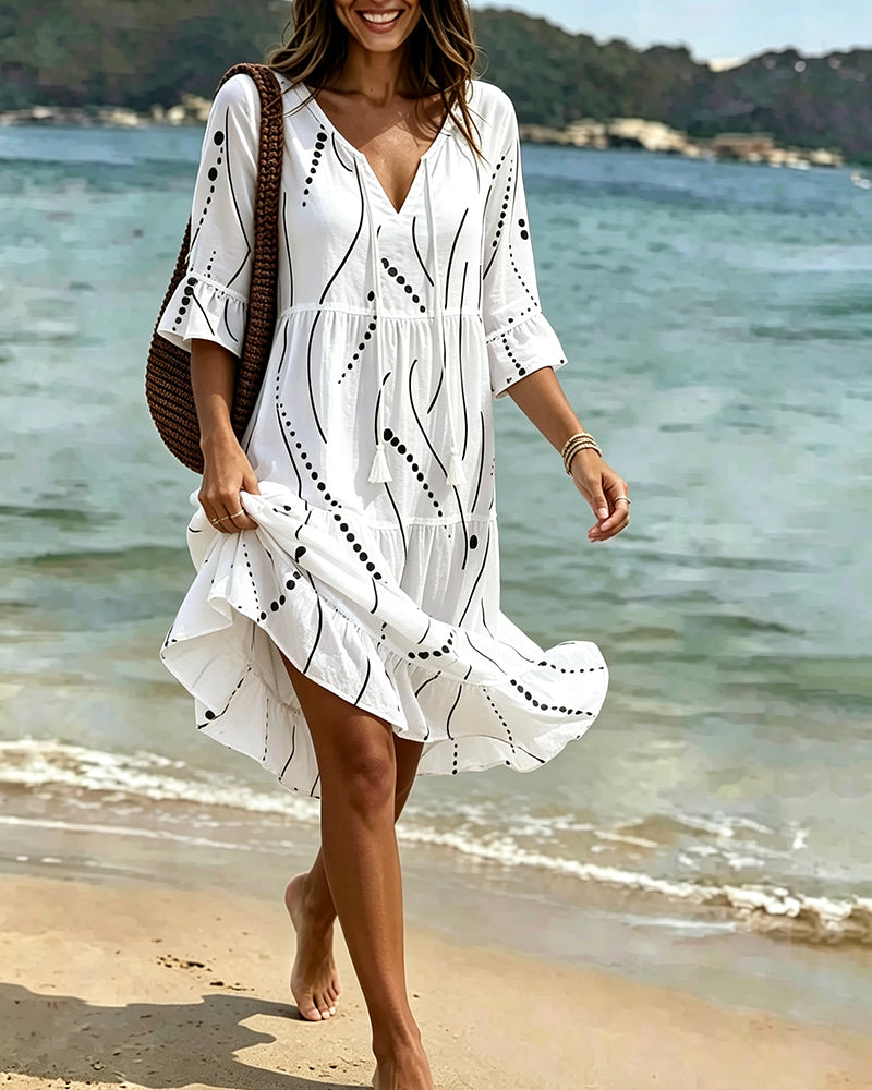 Robe Manches Volant Nœud Taille Pois A-Ligne