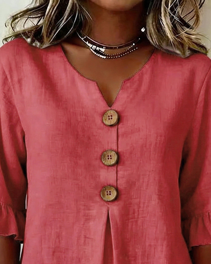 Blouses Unies Coton-Lin Boutons En Bois Volants