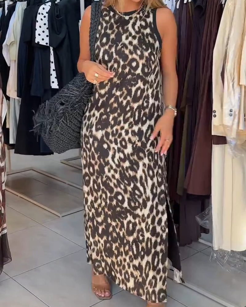 Robe Col Rond Léopard Sans Manches Maxi