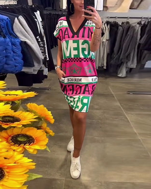 Robe Imprimée Col En V Manches Courtes