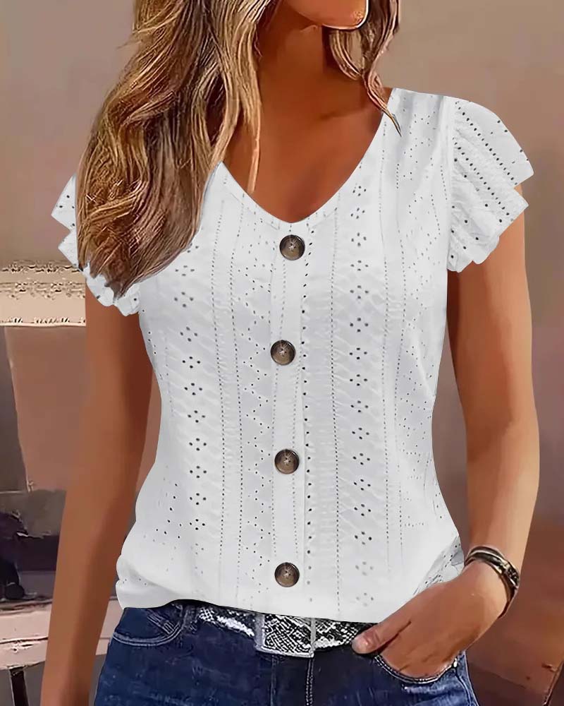 Blouse Manches Papillon Évidé Bouton