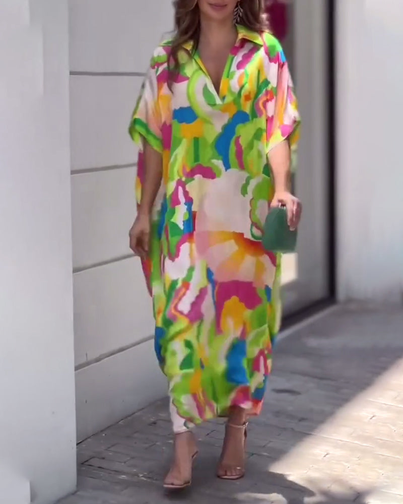 Robe décontractée à manches mi-longues et revers imprimés