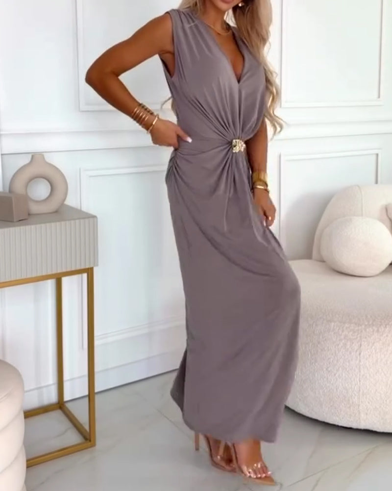 Robe Sans Manches Plissée Taille-Cintrée Maxi
