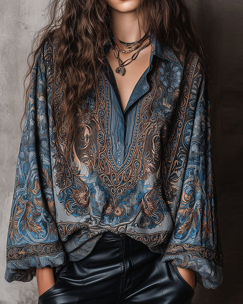 Blouse Retro Imprimé V-Cou Revers Sophistiqué