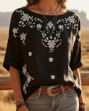 Blouse Col Rond Épaule Tombante Lâche Fleurie