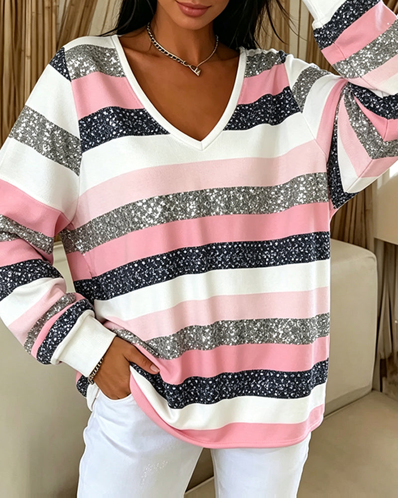 Sweatshirt Col V Bloc De Couleur Rayure Décontracté
