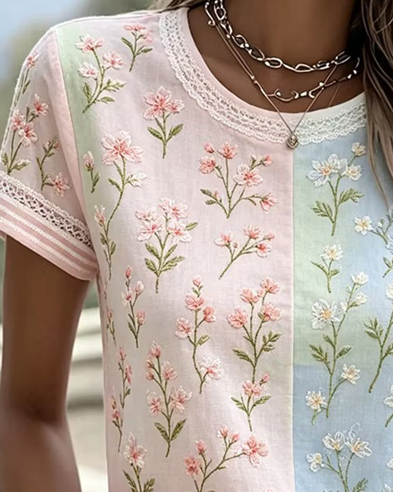 Blouse Dentelle Patchwork Contraste Florale
