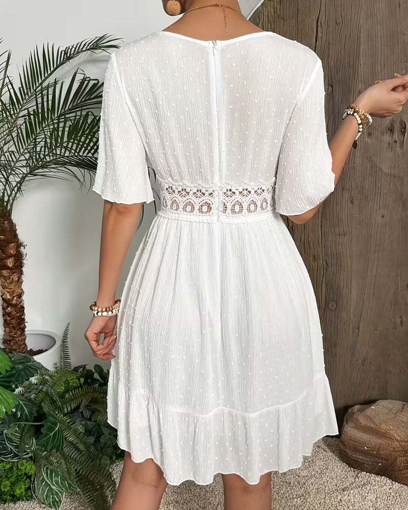Robe Col En V Dentelle Garniture Taille Coupe A