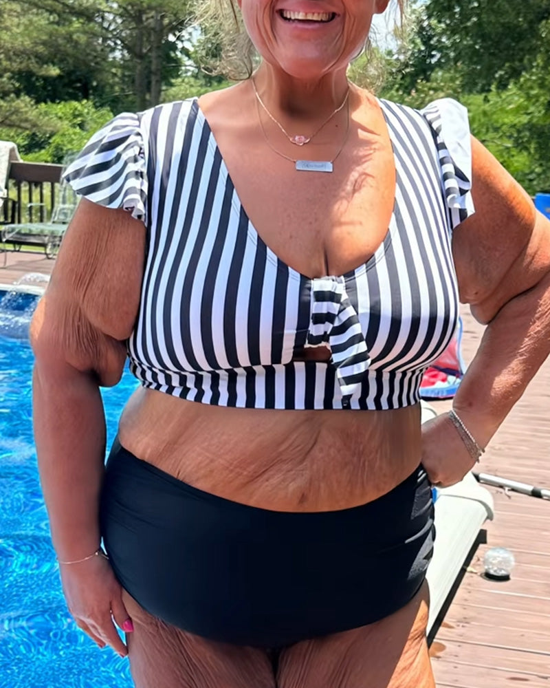 Bikini Rayé Manche Papillon Col En U