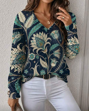 Pullover Col V Manches Longues Imprimé Floral