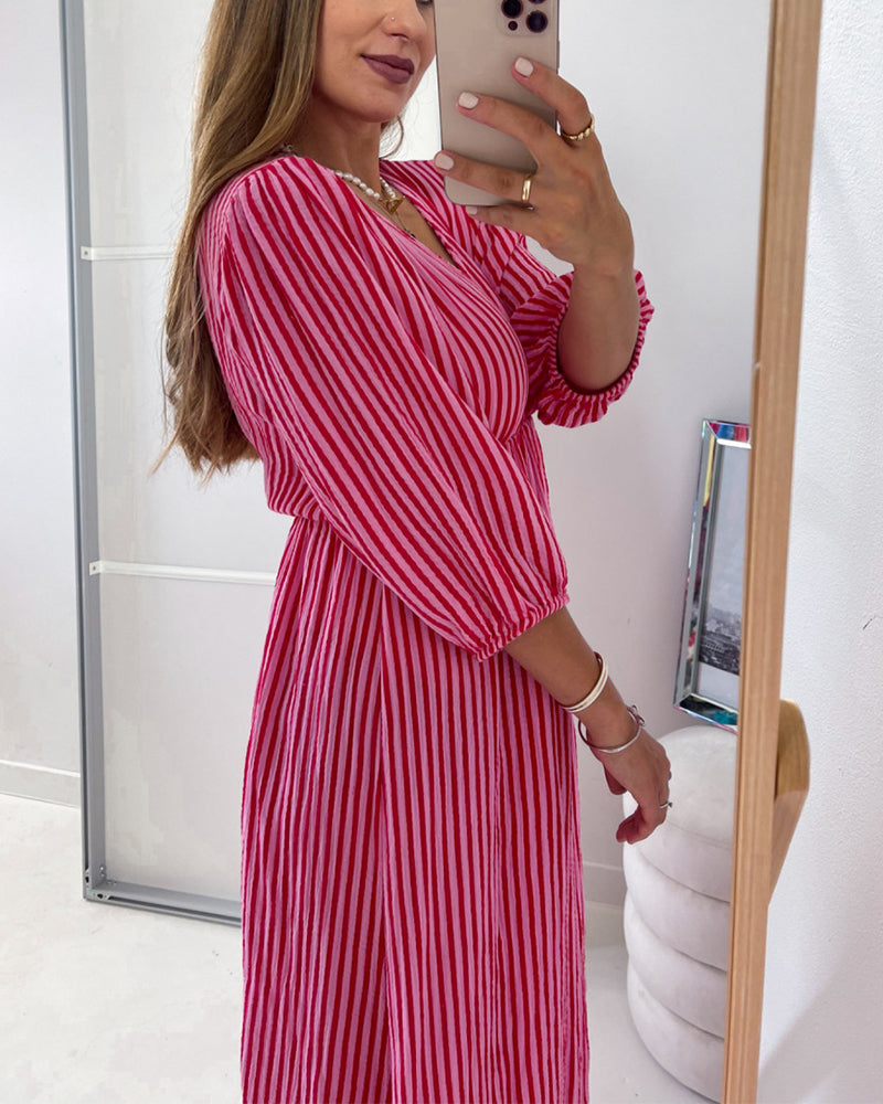 Robe Encolure En V Manche Ballon Rayée