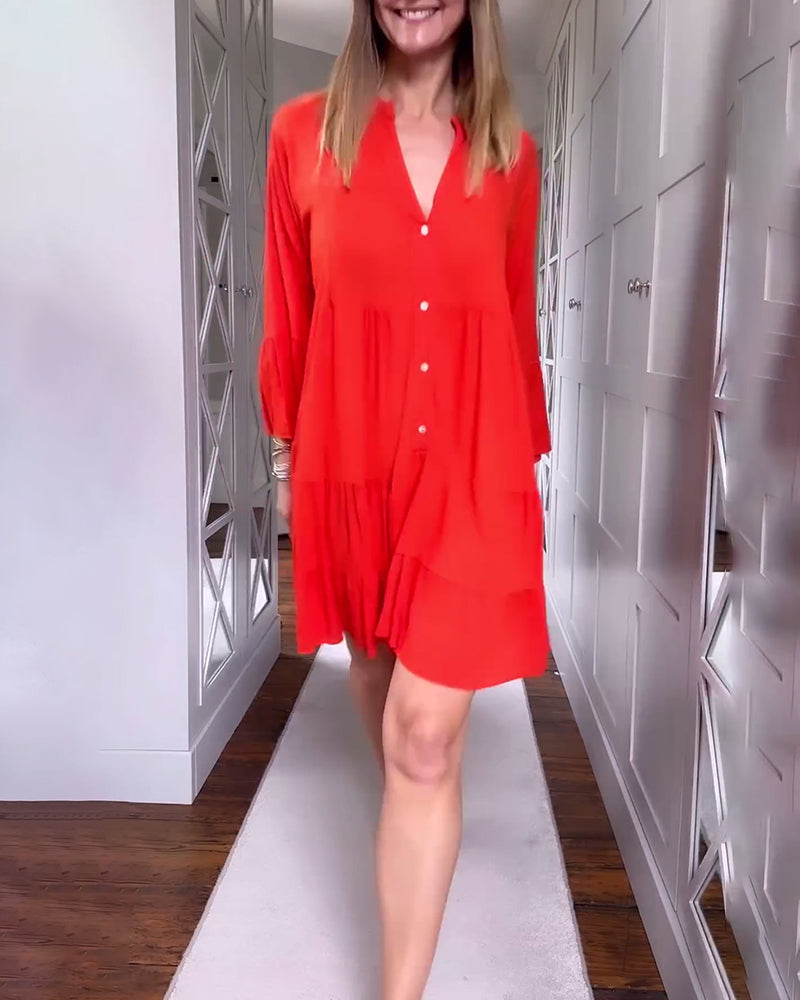 Robe patchwork évasée à manches longues et col en V de couleur unie