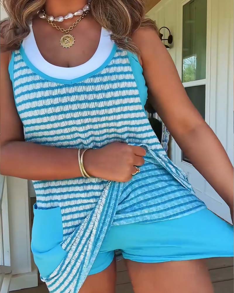 Robe Bretelles Col En U Poche Bloc De Couleur