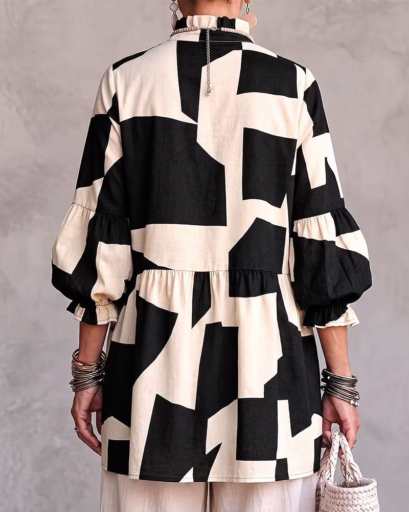 Haut Motif Géométrique Loose Bouton