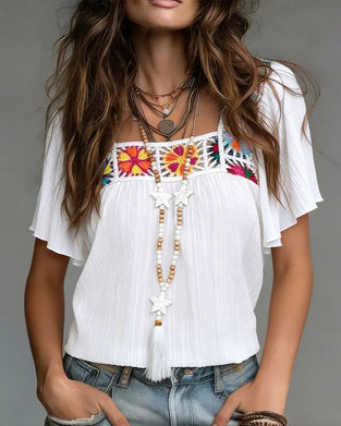 Blouse Colorée À Manches Courtes Et Col Carré