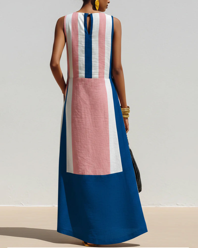 Robe Col Rond Bloc Couleur Rayure Verticale Sans Manches