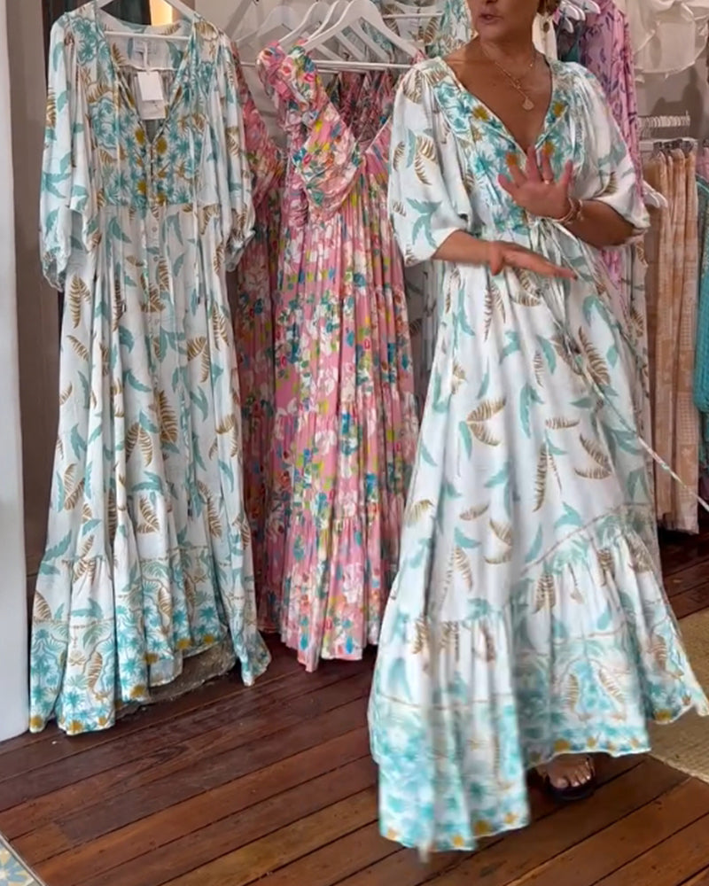 Robe longue femme col V imprimé feuilles