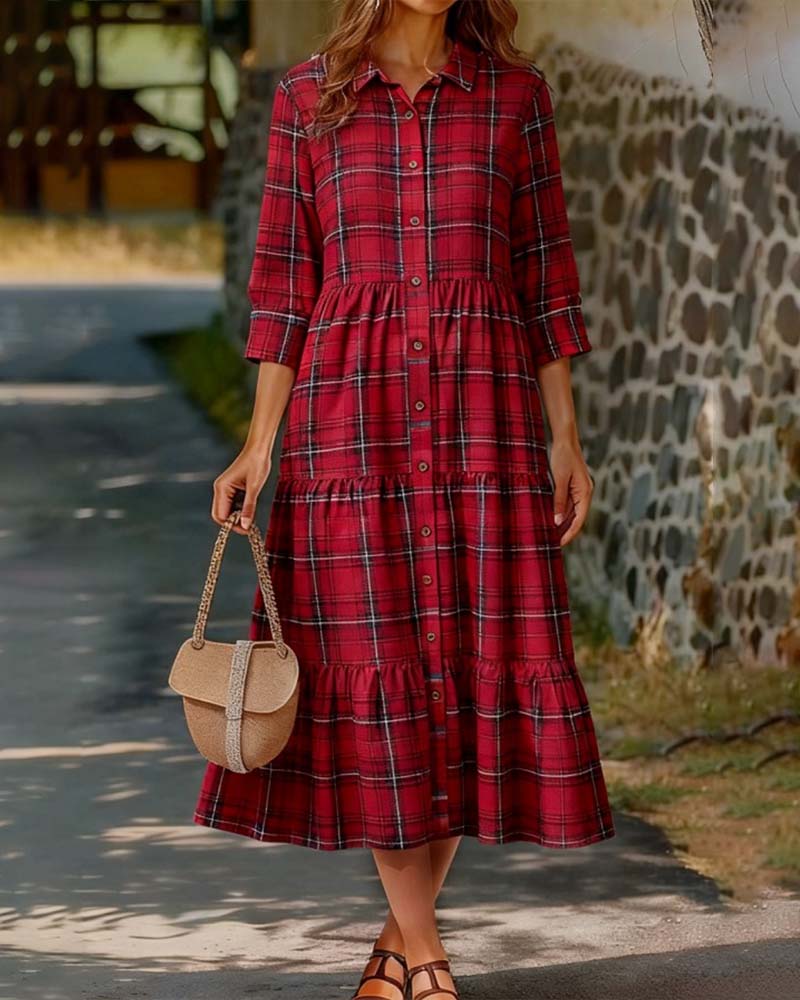 Robe Plaid Sept-Quart Manche Superposée