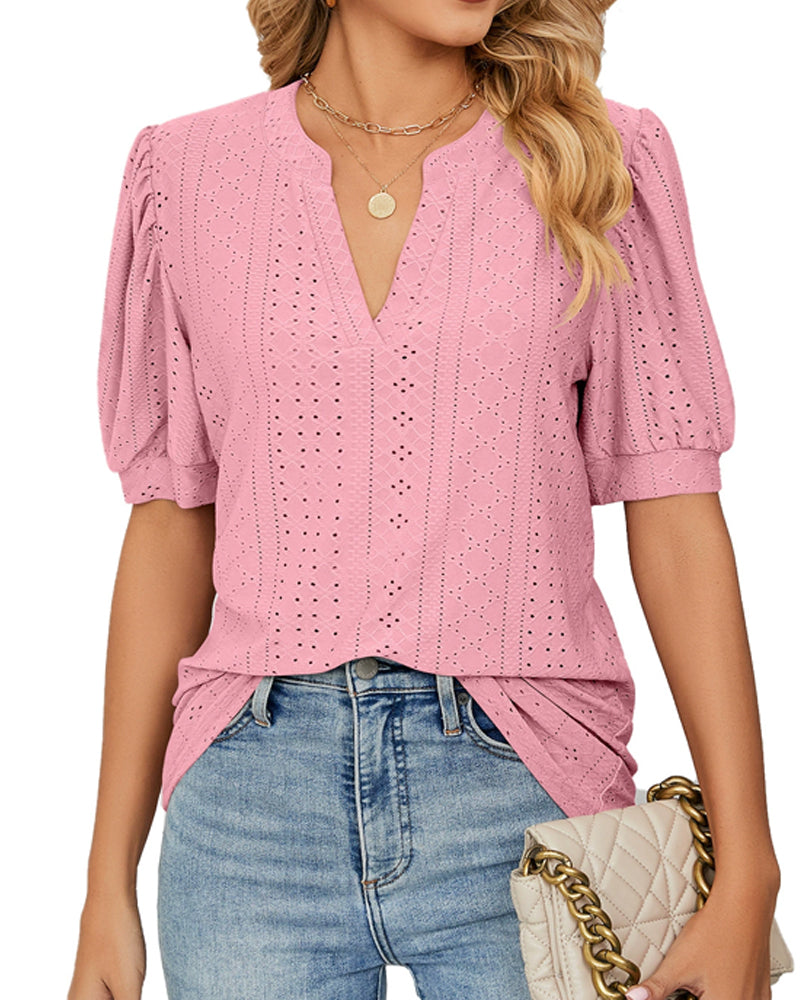 Blouses Col En V Uni Ajouré Manche Bouffante