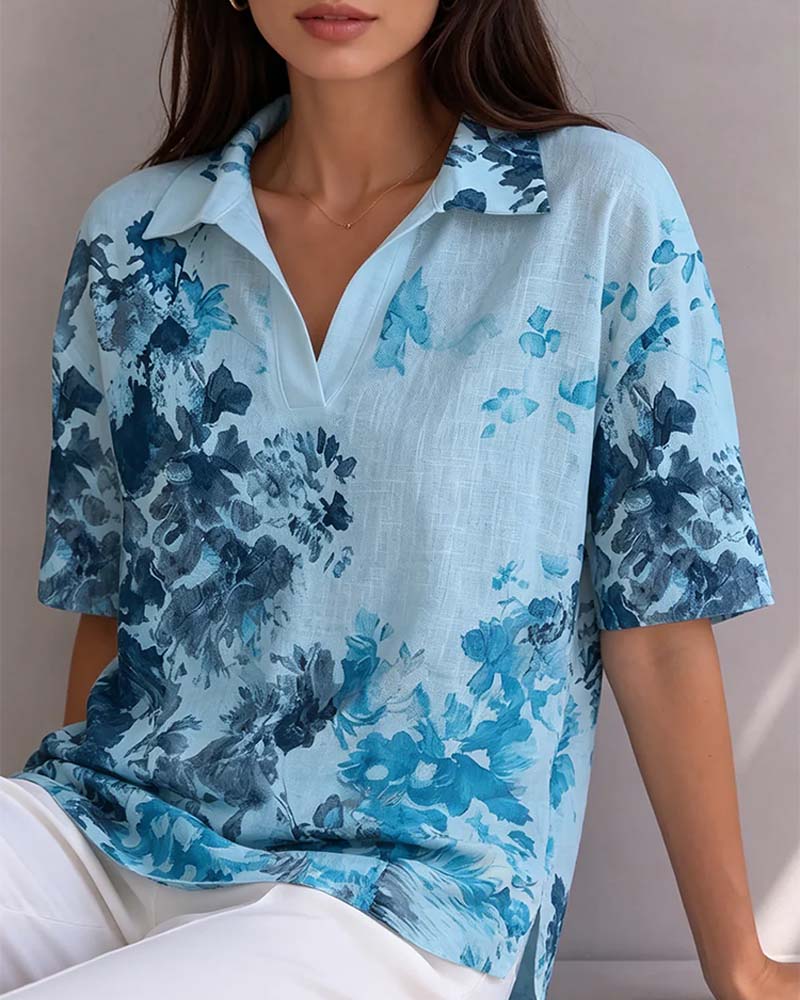 Blouse Encre Lavage Floral Revers Demi Patte