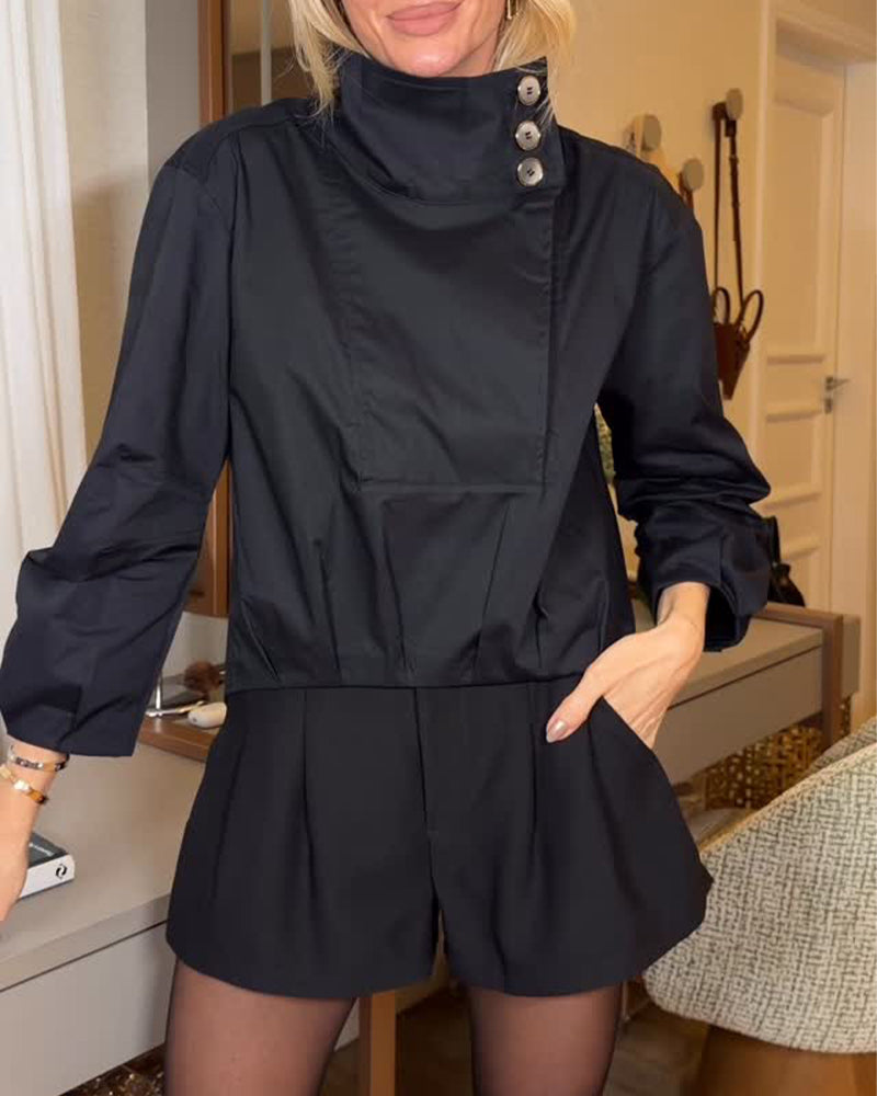Blouse Col Montant Asymétrique Bouton Diagonal