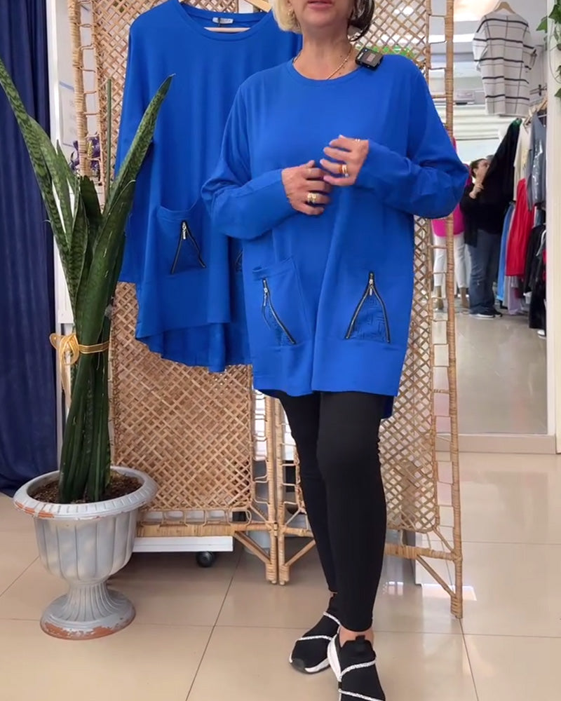 Sweat col rond couleur unie poche zippée