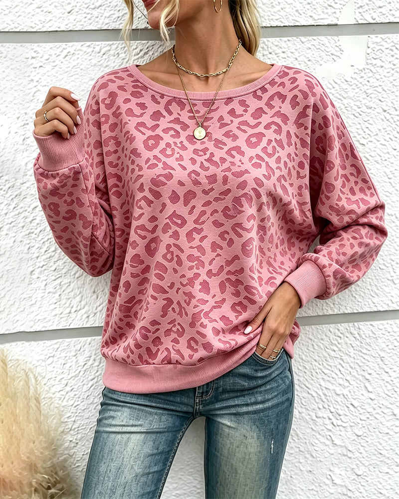 Pullover Sweatshirt Léopard Col Rond Épaule Descendue