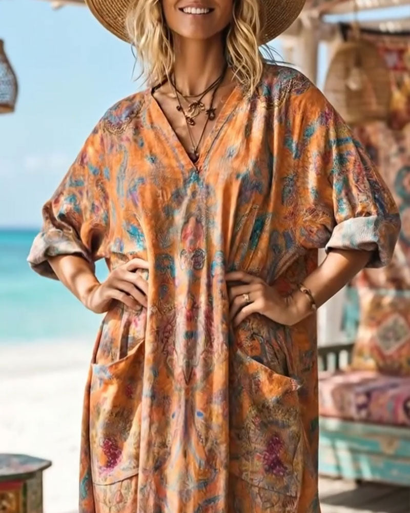 Robe Rétro Imprimé Fleuri Col V Maxi