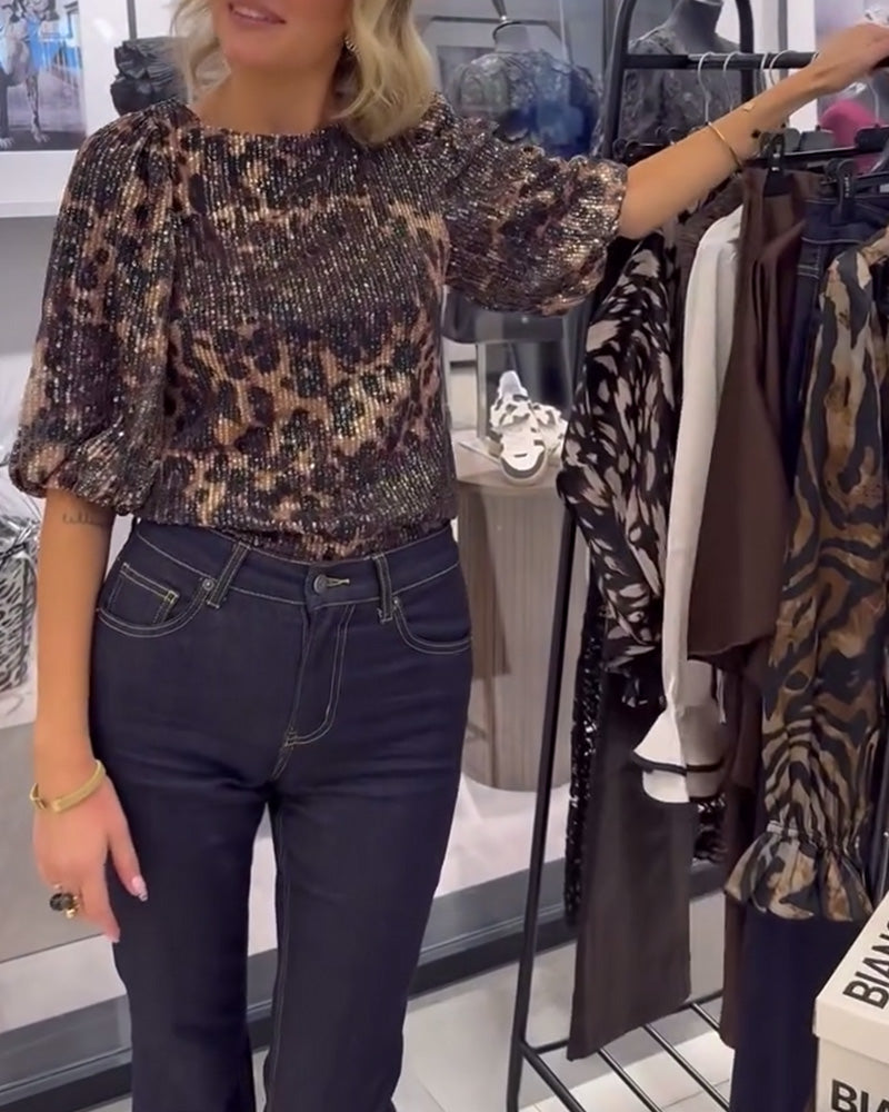 Blouse Manches Lanterne À Sequins Imprimé Léopard