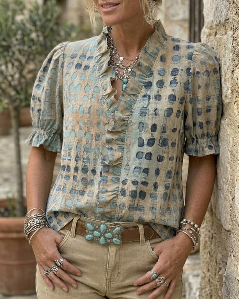 Blouse Pois Volanté Bord Col V