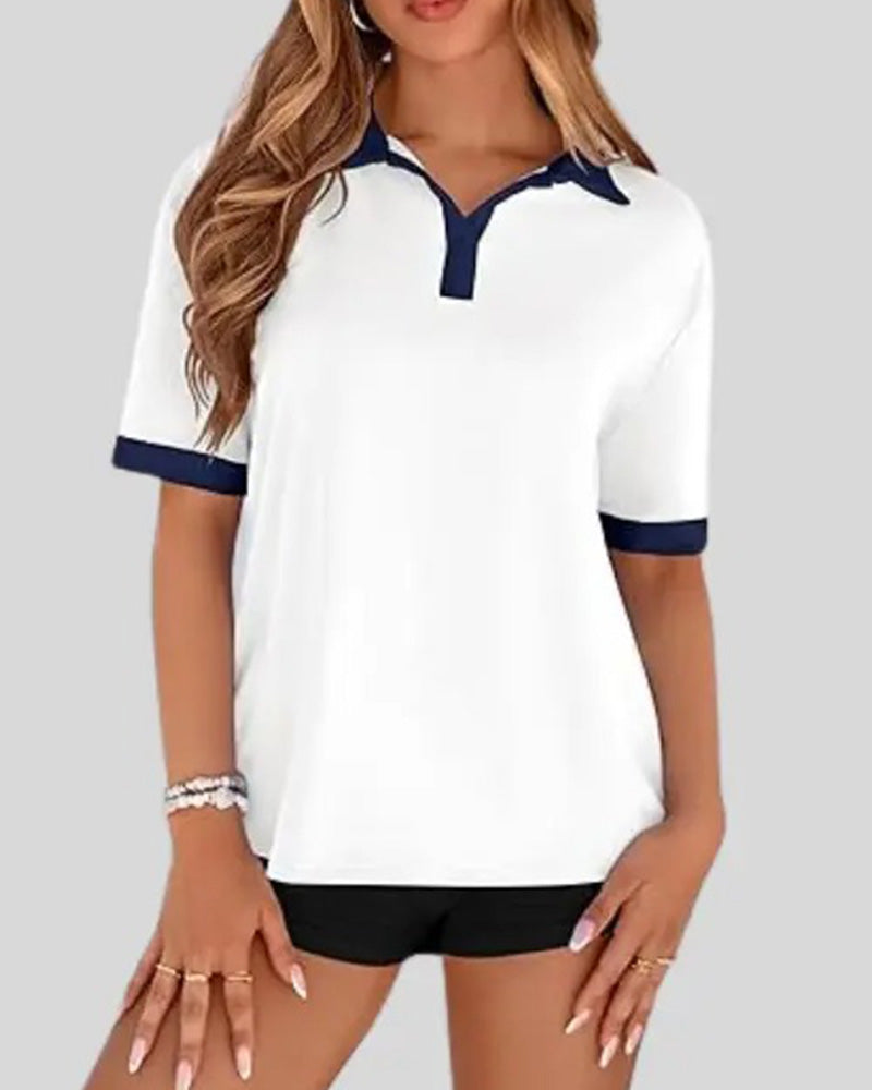 T-Shirt Col Polo Colorblock Manches Courtes