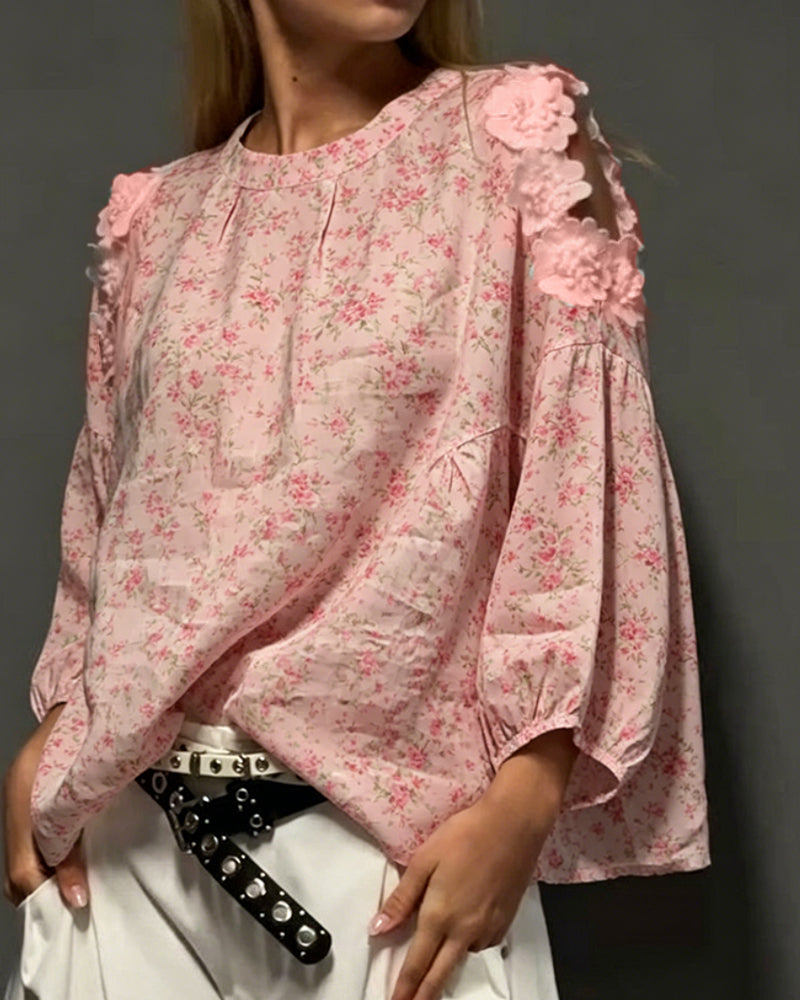 Blouse Col Rond Off-Shoulder Floral Lâche