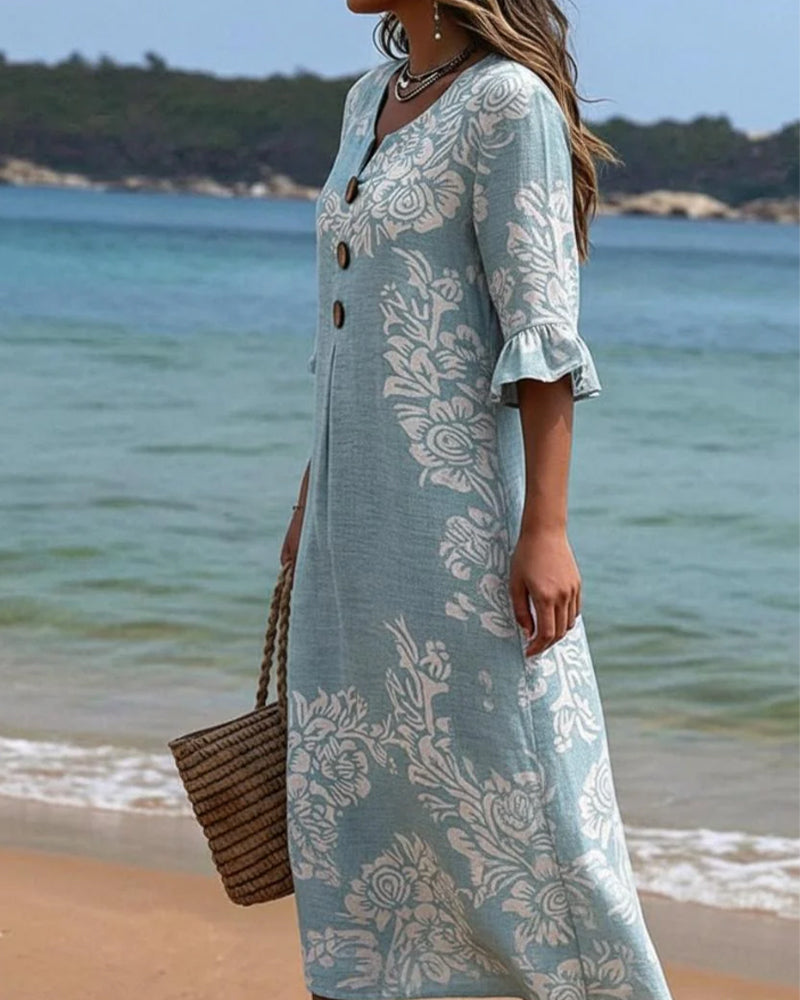 Robes Floral Imprimé Trois-Bouton Longue