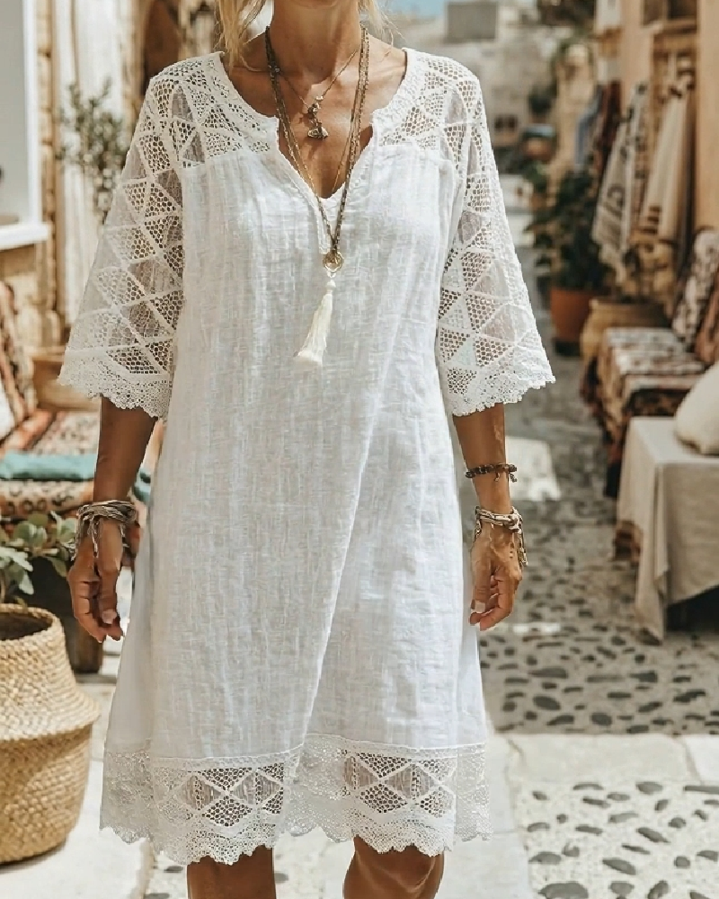 Robe Col V Dentelle Patchwork Décontractée