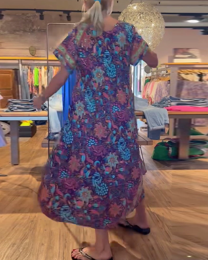 Robe longue imprimée à manches courtes et col rond