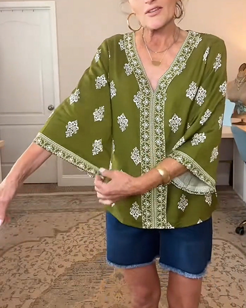 Blouse Col En V Ethnique Lâche